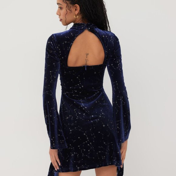 Velvet Star Pattern Bell Sleeve Short Dress NAVY blue NWT goth renaissance fairy - Picture 3 of 3